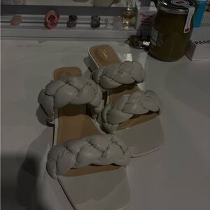 Braided Double-Strap Slide Sandals in cream white